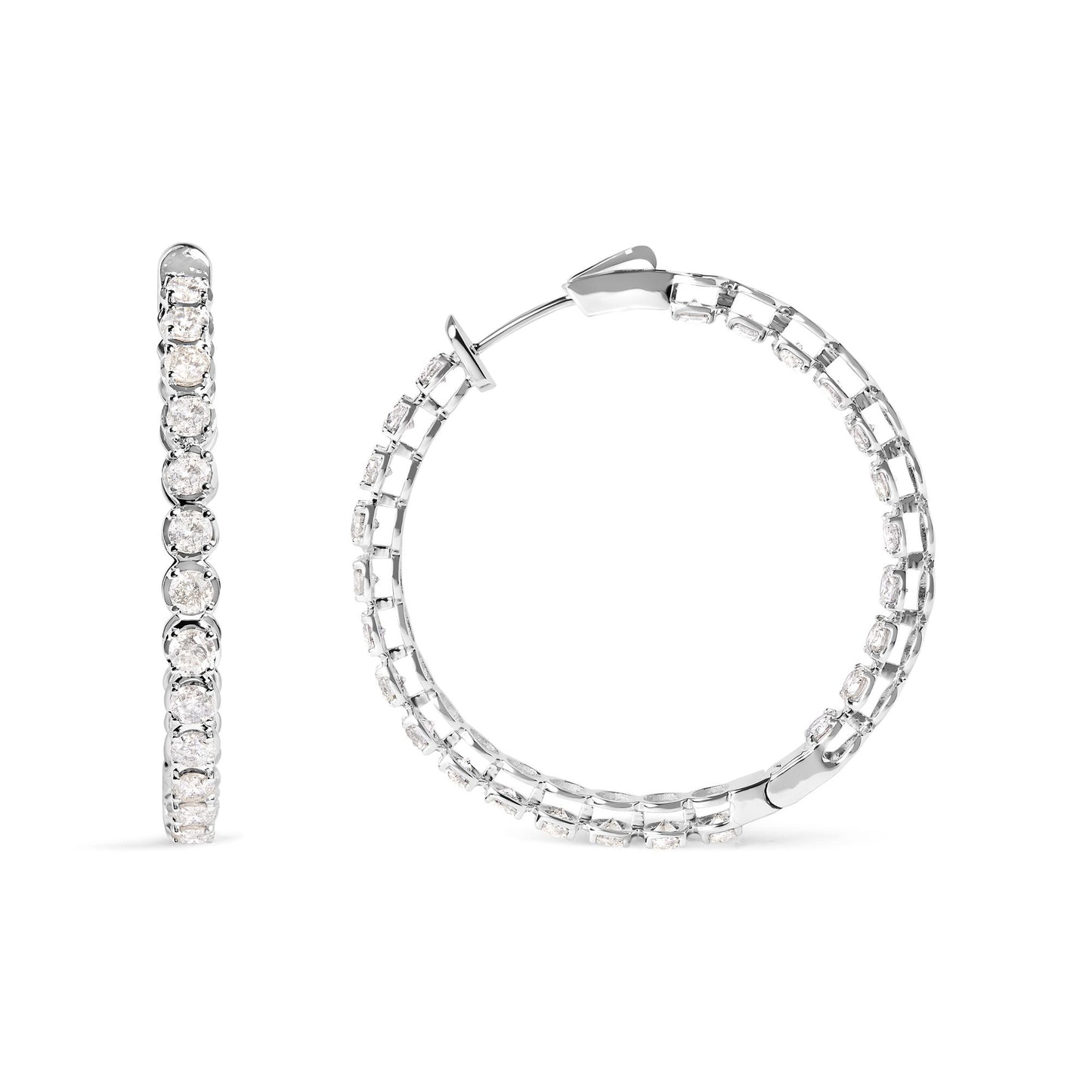 White metal hoop earrings with round white gemstones in prong settings, shown in front and side views on a white background.