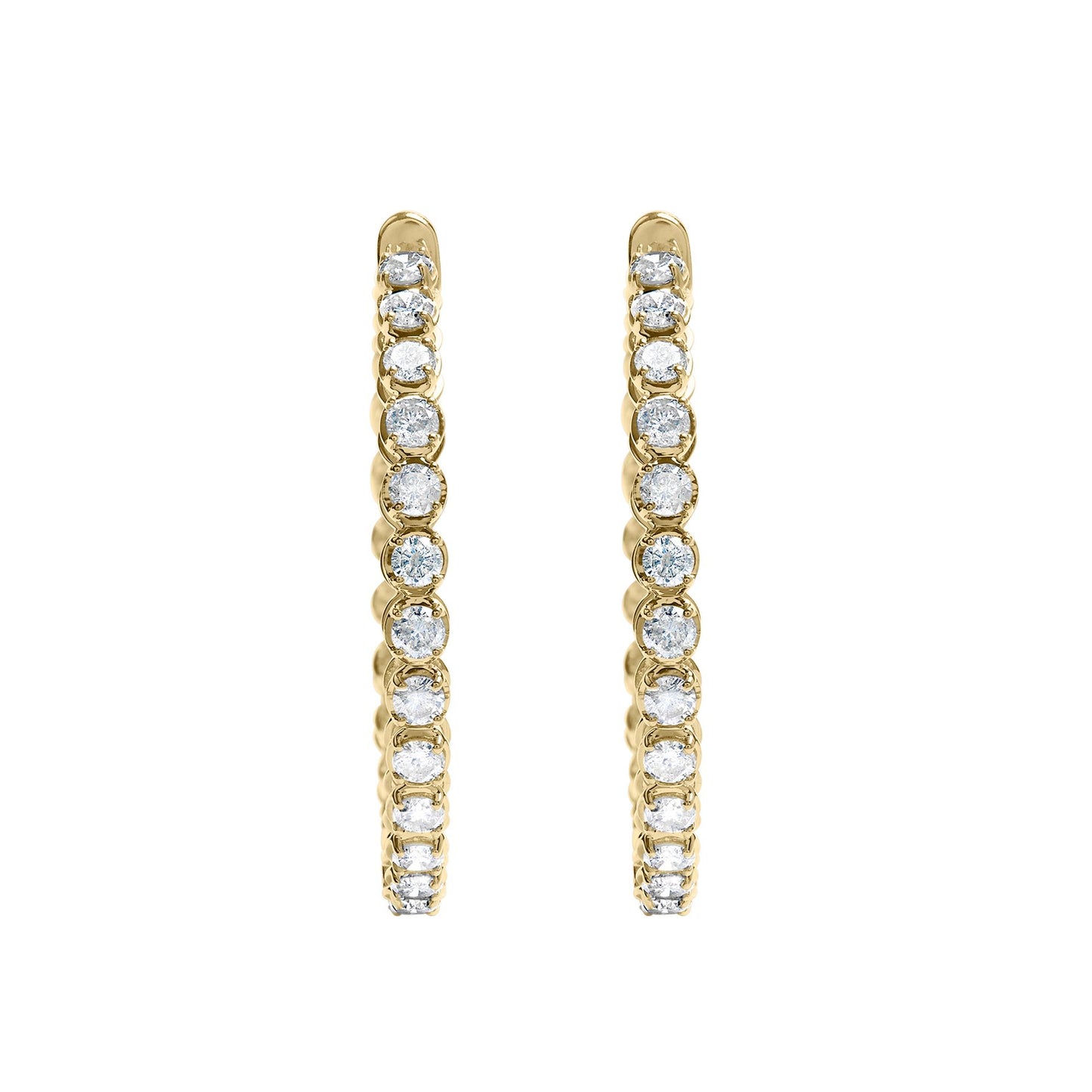 Pair of yellow metal hoop earrings with round white gemstones in prong settings, shown from the front angle on a white background.