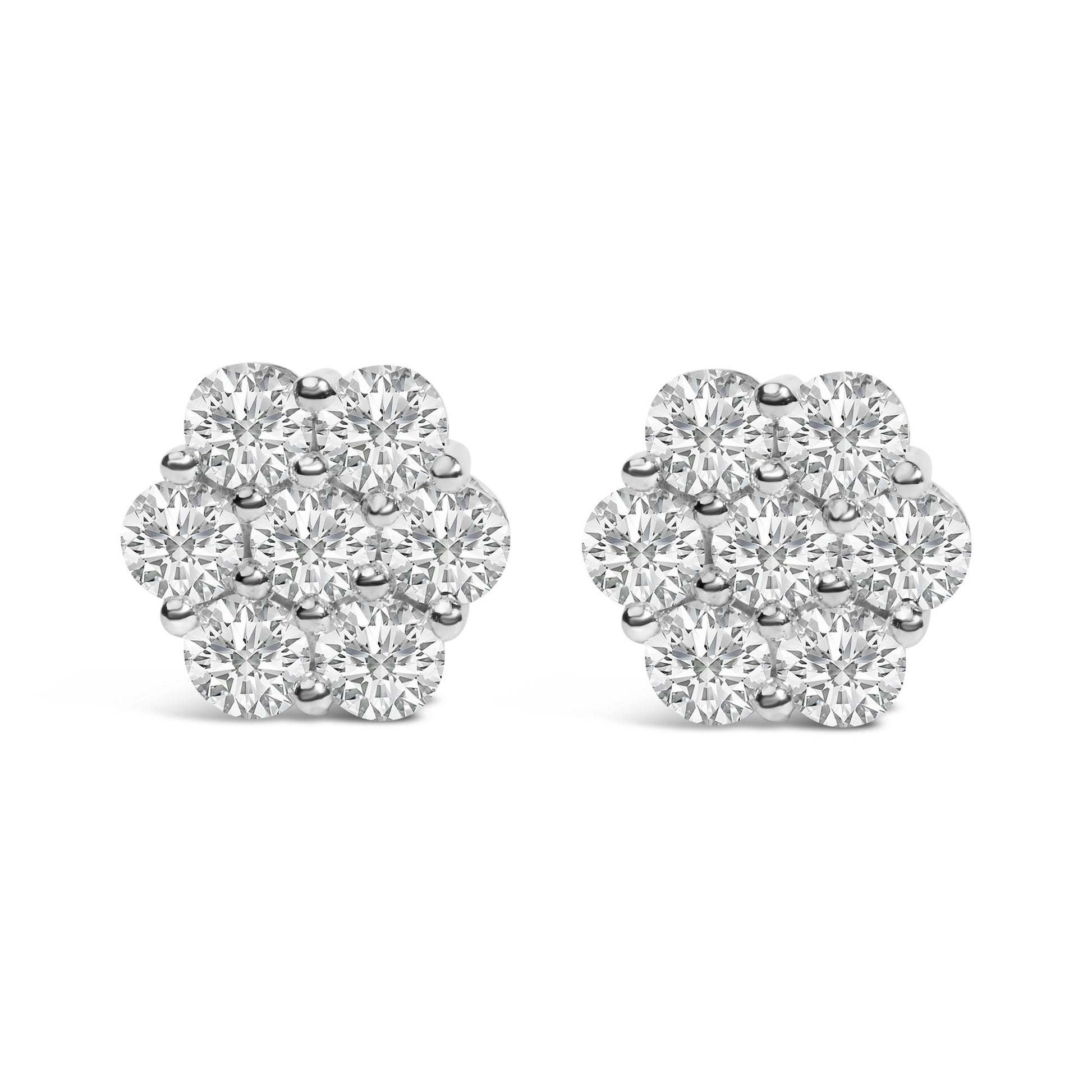 Front-facing pair of white metal cluster earrings with round white gemstones in shared prong settings.