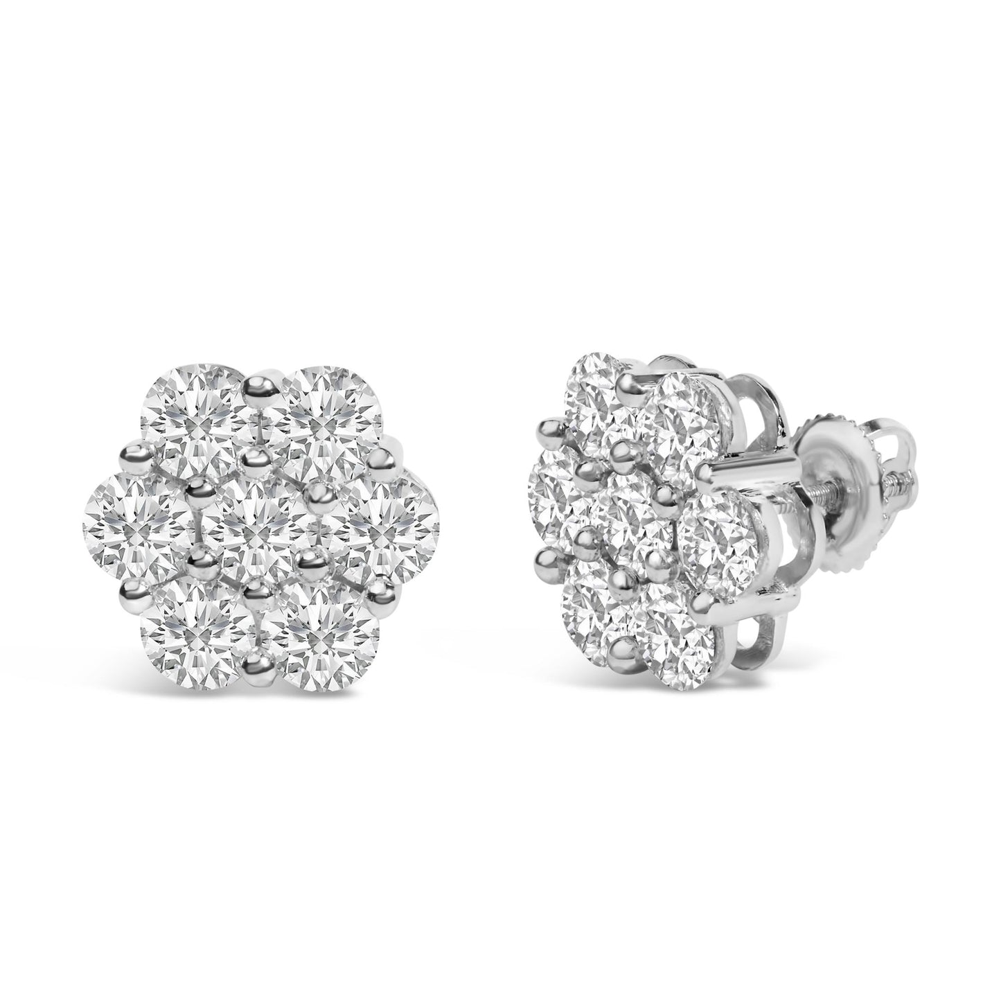 Close-up front and side view of white metal cluster earrings with round white gemstones in shared prong settings.