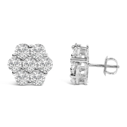 Pair of white metal earrings with round white gemstones in a shared prong setting, shown from front and side angles.