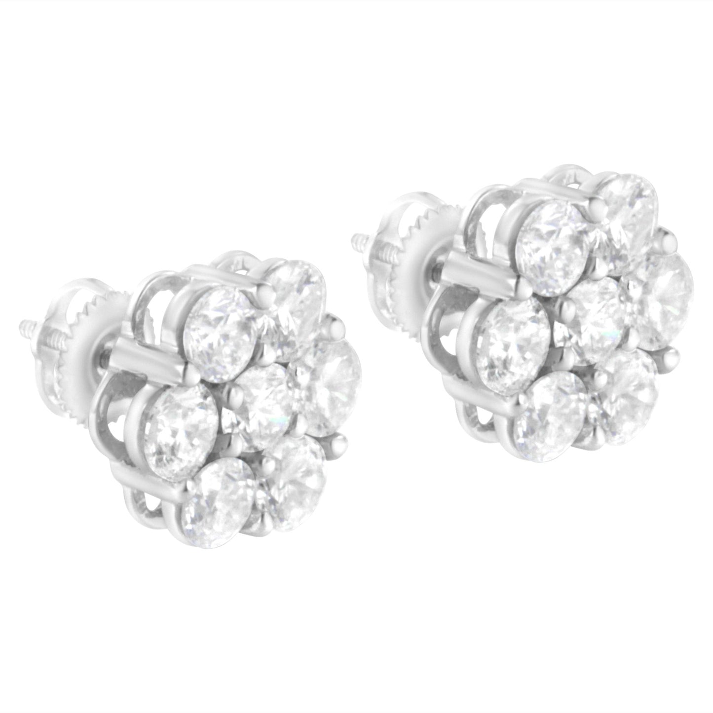 Close-up front angle of white metal stud earrings featuring clusters of round white gemstones in shared prong settings.