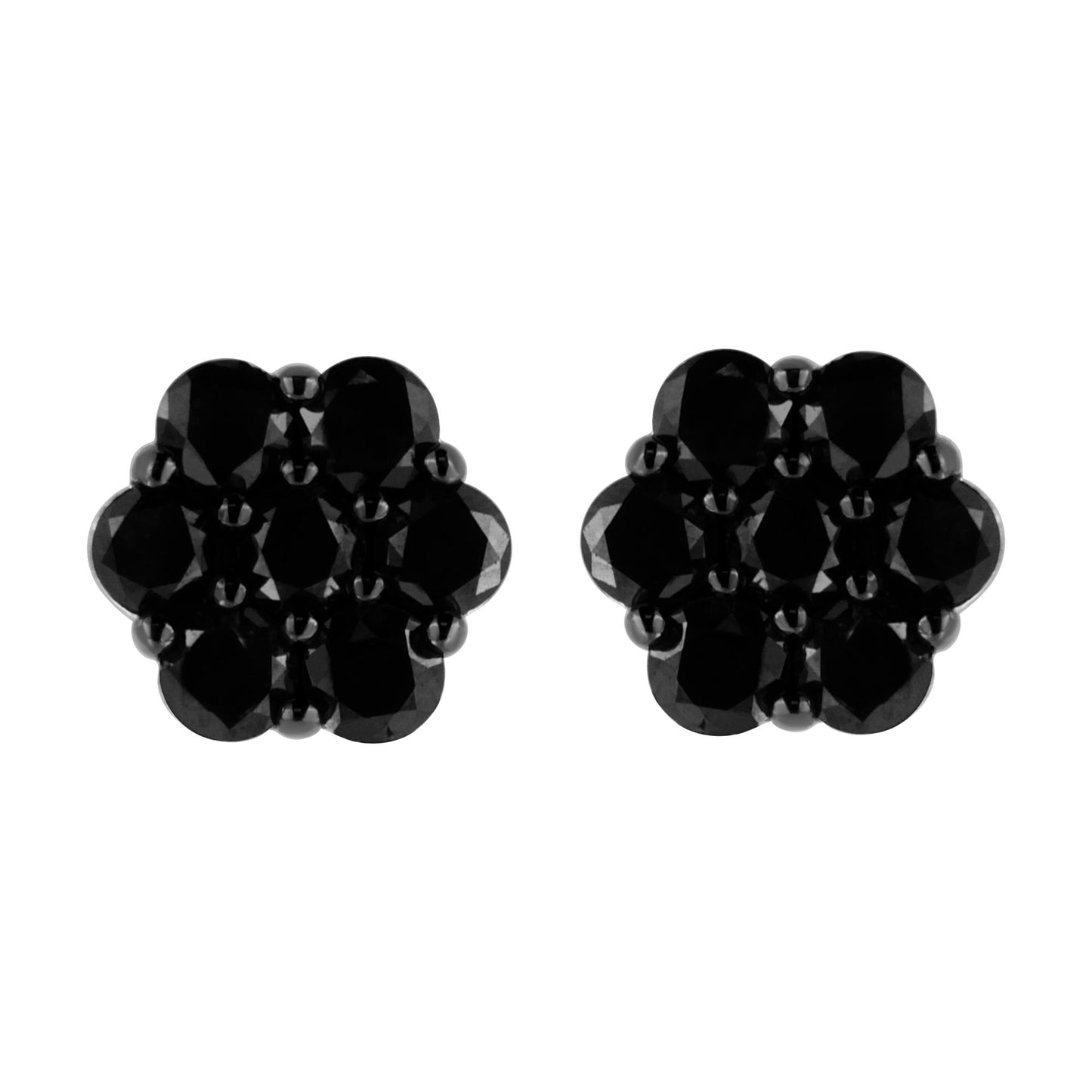 Front view of a pair of white metal stud earrings with cluster arrangement of round black gemstones in prong settings.