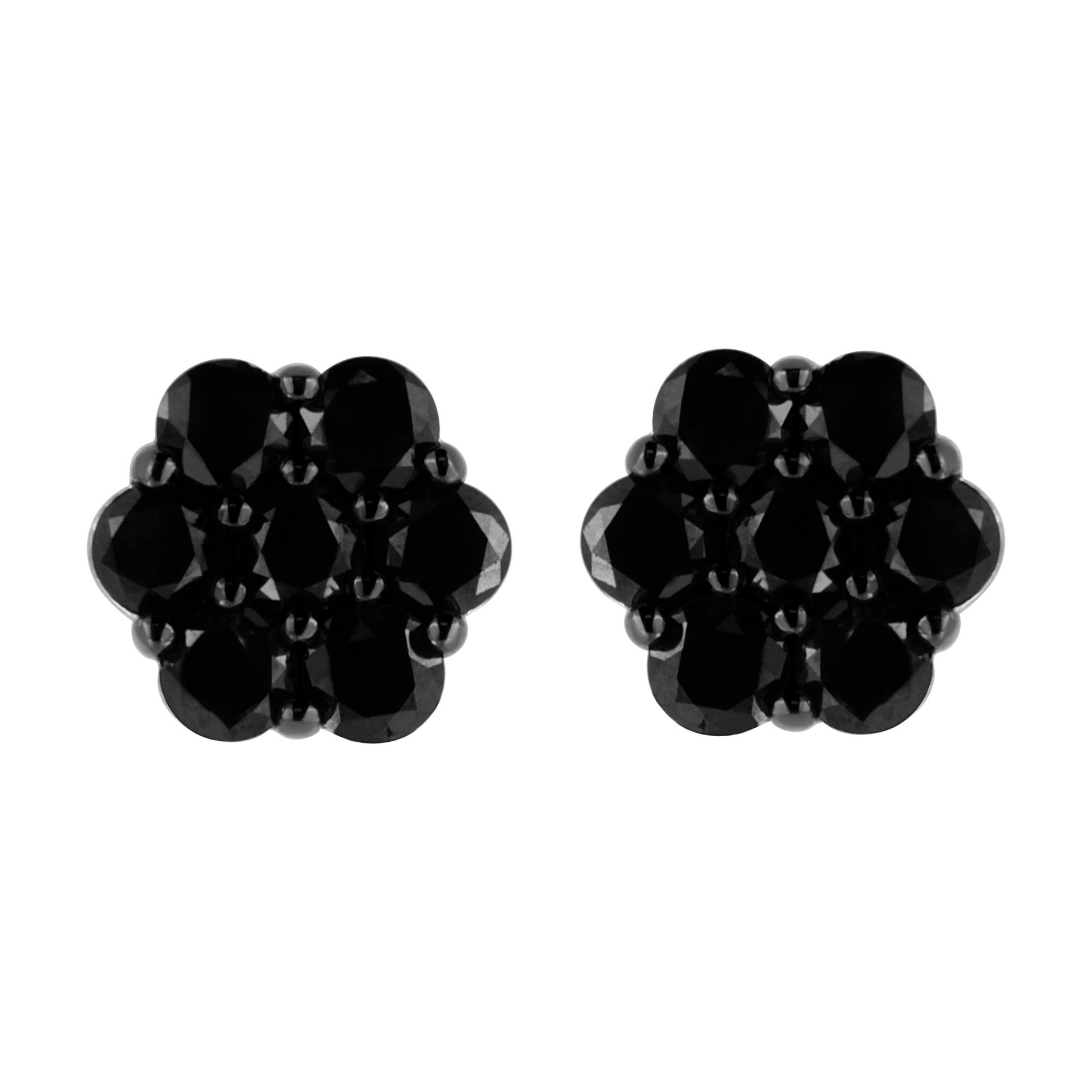 Front view of a pair of white metal stud earrings with cluster arrangement of round black gemstones in prong settings.