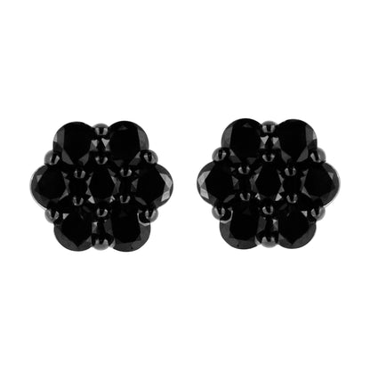 Front view of a pair of white metal stud earrings with cluster arrangement of round black gemstones in prong settings.