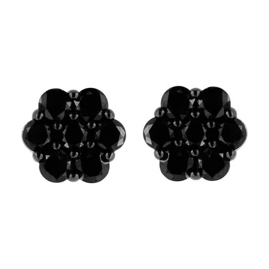 Front view of a pair of white metal stud earrings with cluster arrangement of round black gemstones in prong settings.