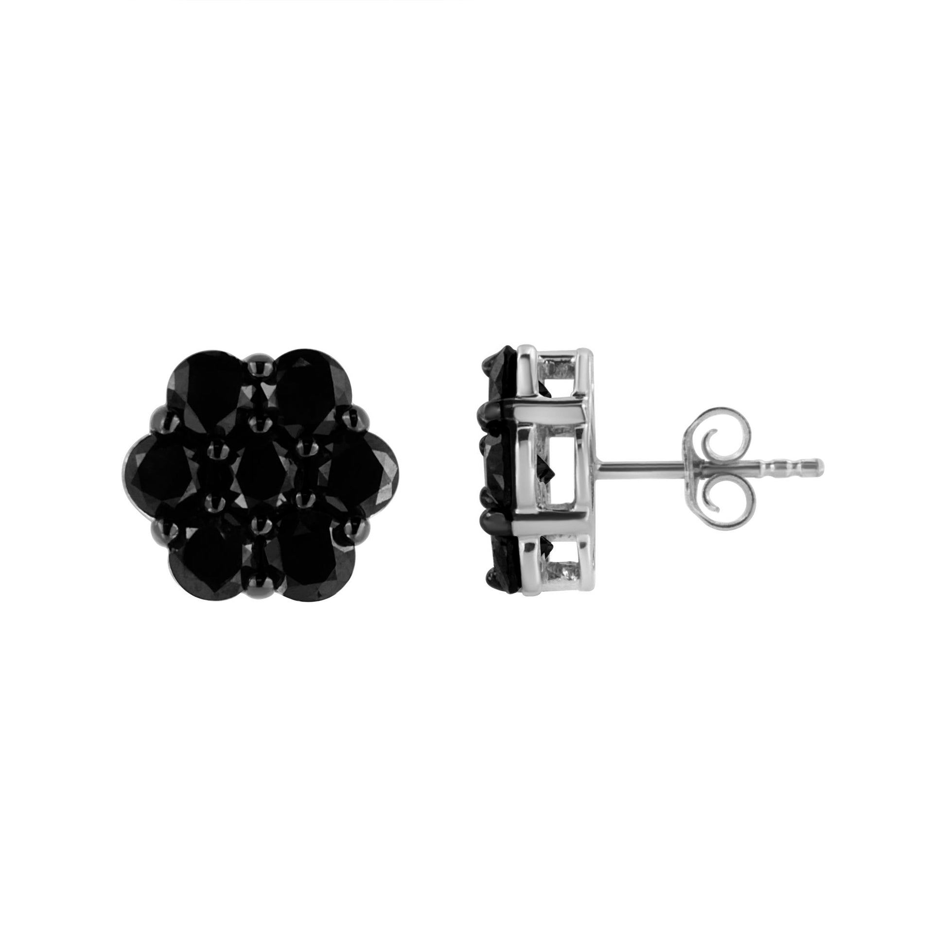 Front and side views of white metal stud earrings featuring clustered round black gemstones in prong settings, shown against a white background.