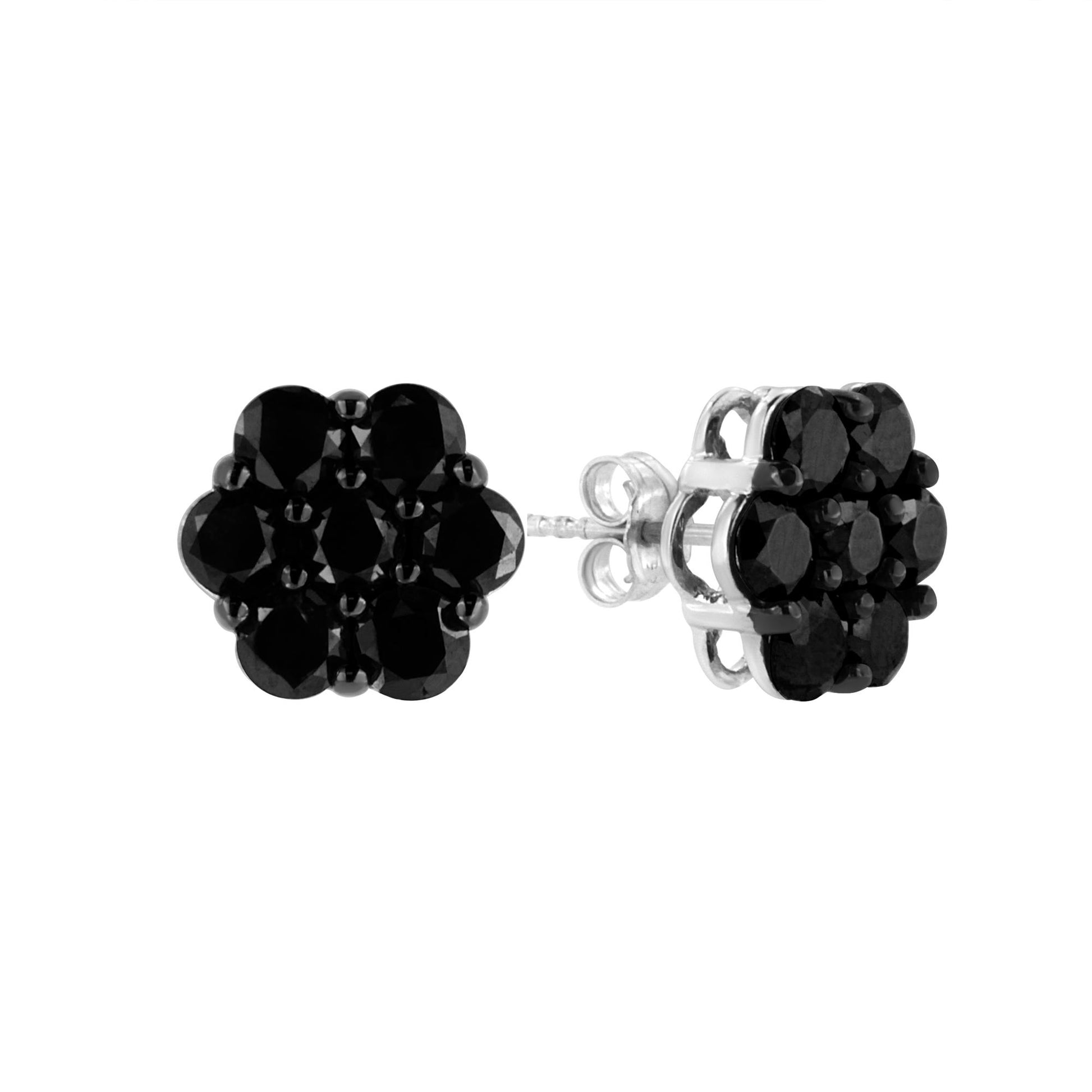 Close-up front and side view of white metal stud earrings with cluster of round black gemstones in prong setting.