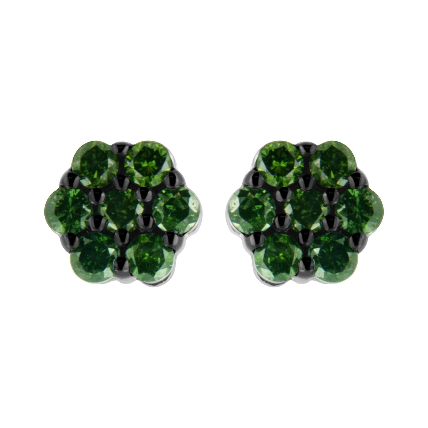 Front view of white metal stud earrings featuring multiple round green gemstones in prong settings.
