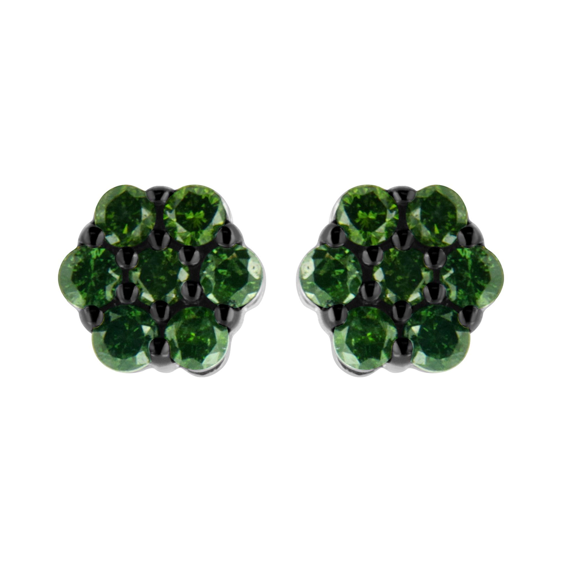 Front view of white metal stud earrings featuring multiple round green gemstones in prong settings.