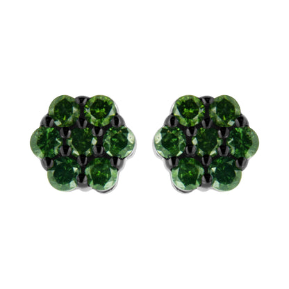 Front view of white metal stud earrings featuring multiple round green gemstones in prong settings.
