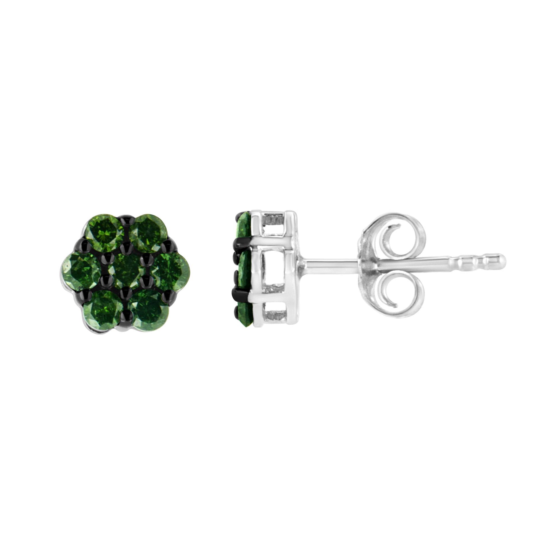 White metal stud earrings with clustered round green gemstones in prong settings, shown from front and side angles.