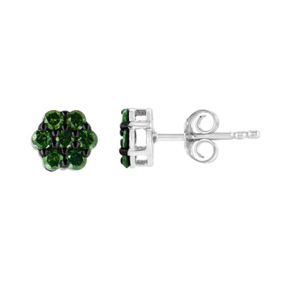 White metal stud earrings with clustered round green gemstones in prong settings, shown from front and side angles.