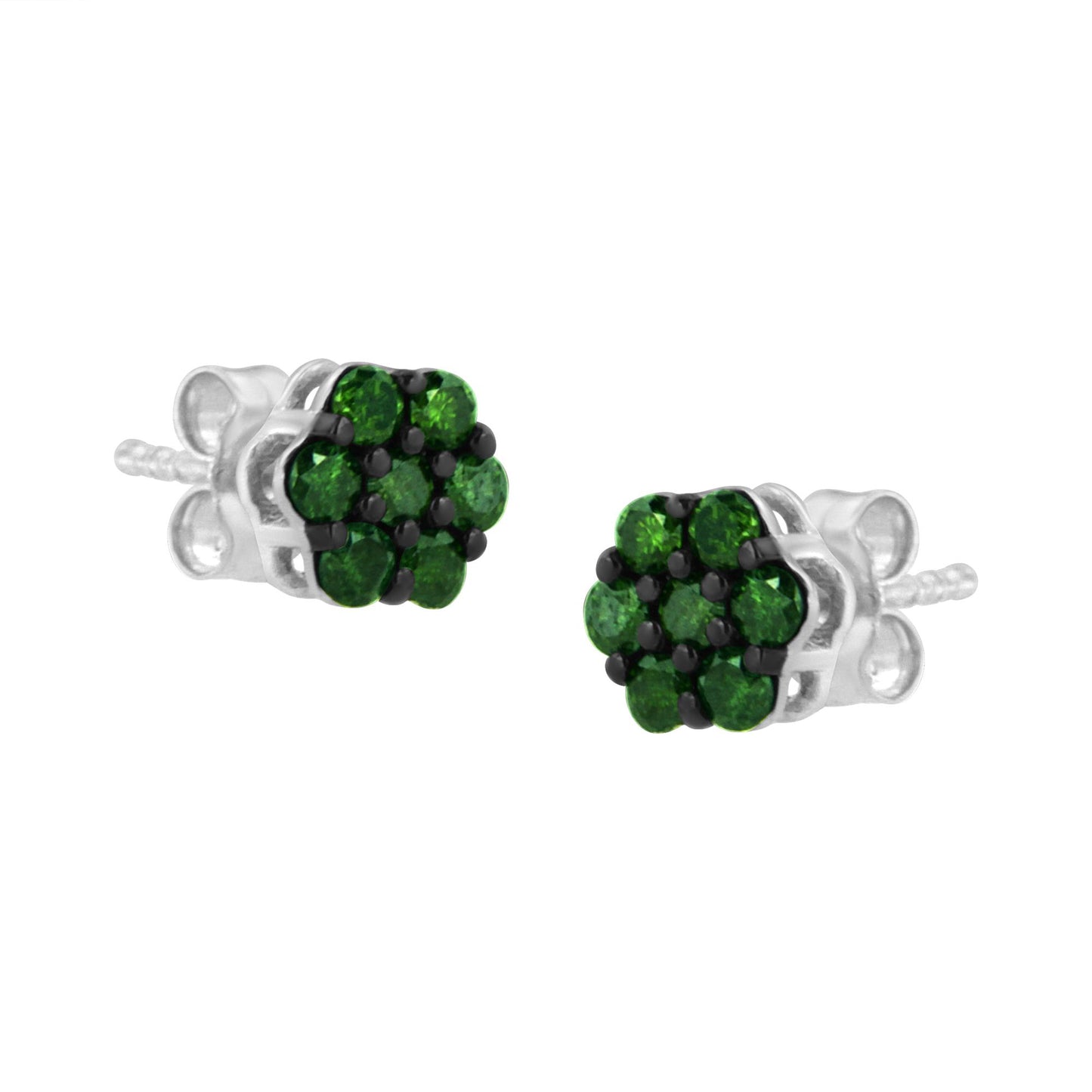 Pair of white metal stud earrings with clusters of round green gemstones in prong settings, shown from a front angled view.