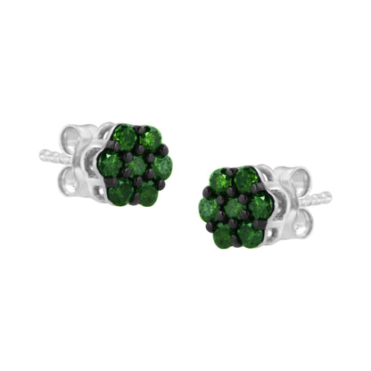 Pair of white metal stud earrings with clusters of round green gemstones in prong settings, shown from a front angled view.