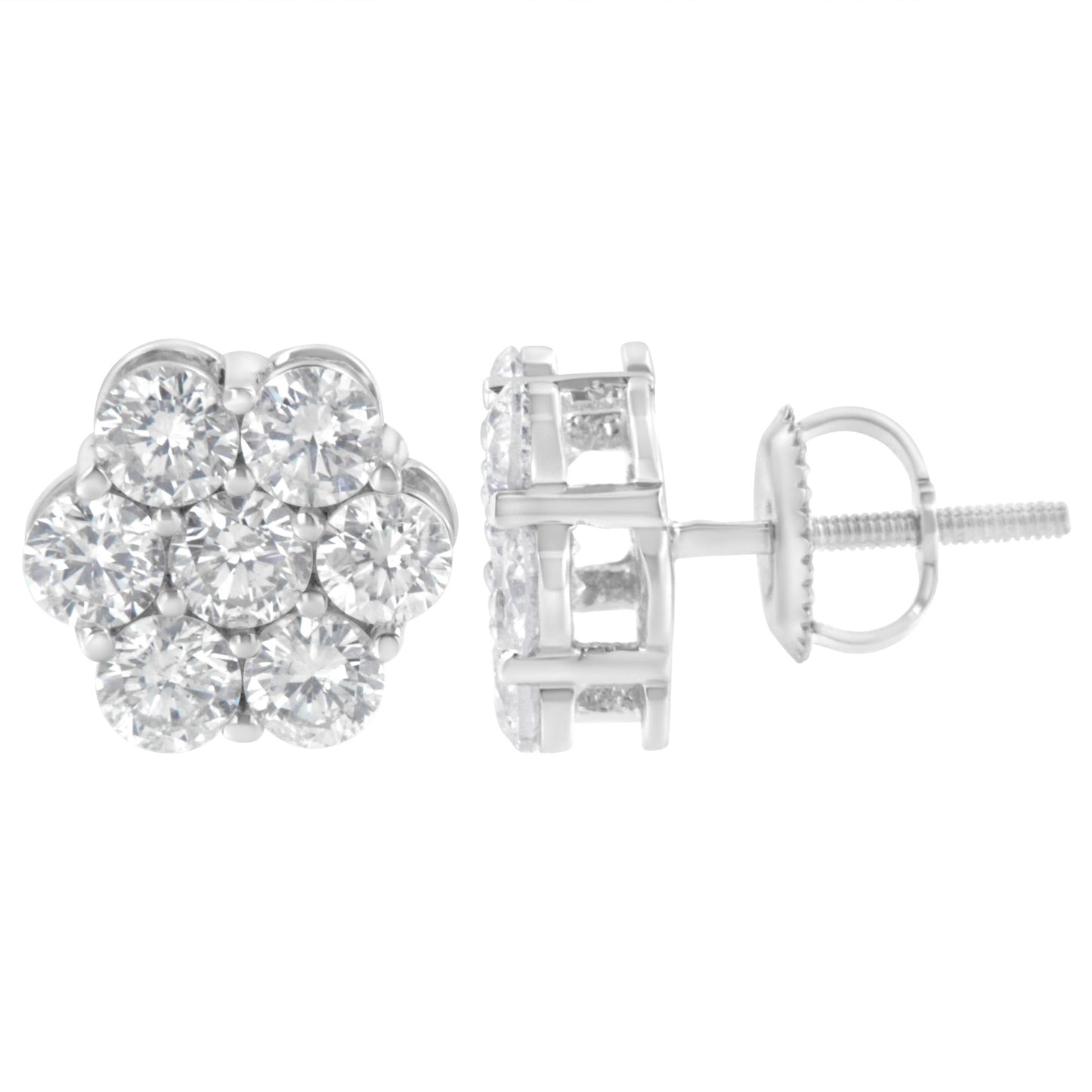 Pair of white metal stud earrings with round white gemstones set in a cluster, shown from front and side angles.