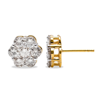 Front and side view of yellow metal stud earring featuring round white gemstones in prong setting arranged in a floral cluster, shot on a white background.