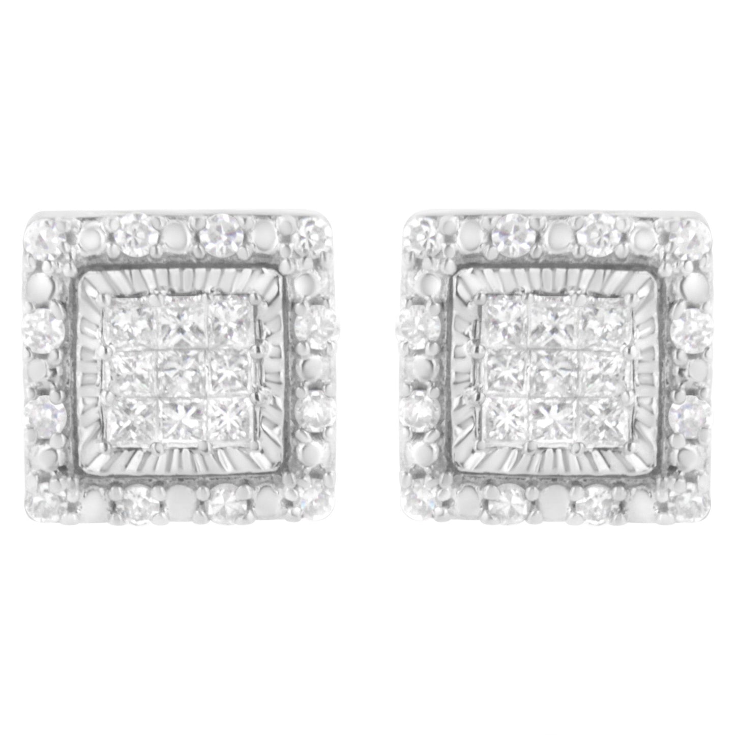 Front-facing pair of square white metal earrings with clusters of princess-shaped white gemstones in invisible settings at the center, surrounded by round white gemstones in pave settings.