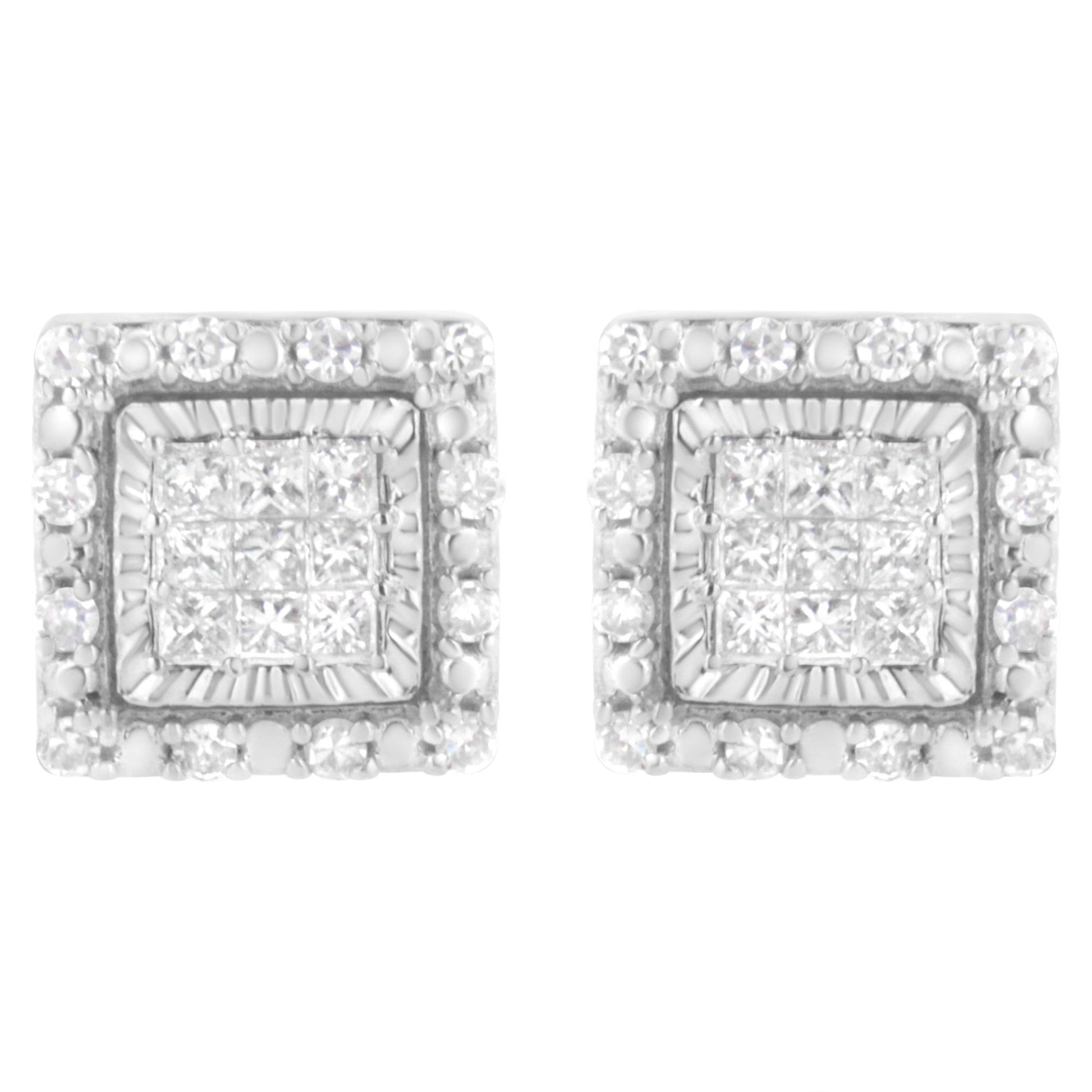 Front-facing pair of square white metal earrings with clusters of princess-shaped white gemstones in invisible settings at the center, surrounded by round white gemstones in pave settings.