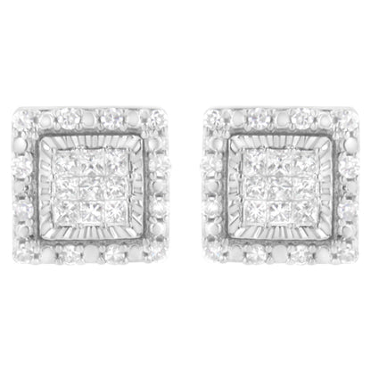 Front-facing pair of square white metal earrings with clusters of princess-shaped white gemstones in invisible settings at the center, surrounded by round white gemstones in pave settings.