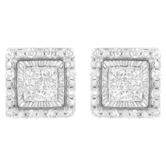 Front-facing pair of square white metal earrings with clusters of princess-shaped white gemstones in invisible settings at the center, surrounded by round white gemstones in pave settings.