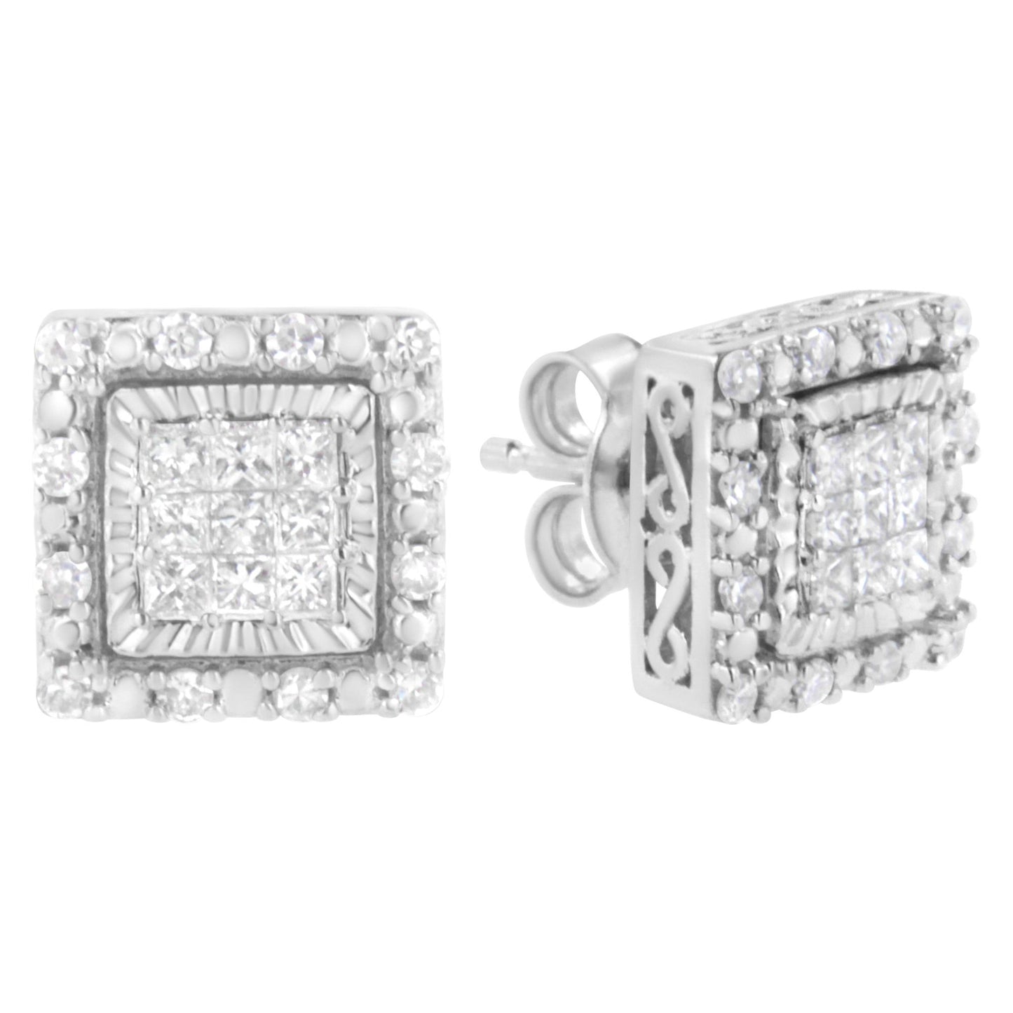Pair of white metal square earrings with princess shape gemstones in invisible setting center, surrounded by round gemstones in pave setting; shown from front and side angles.