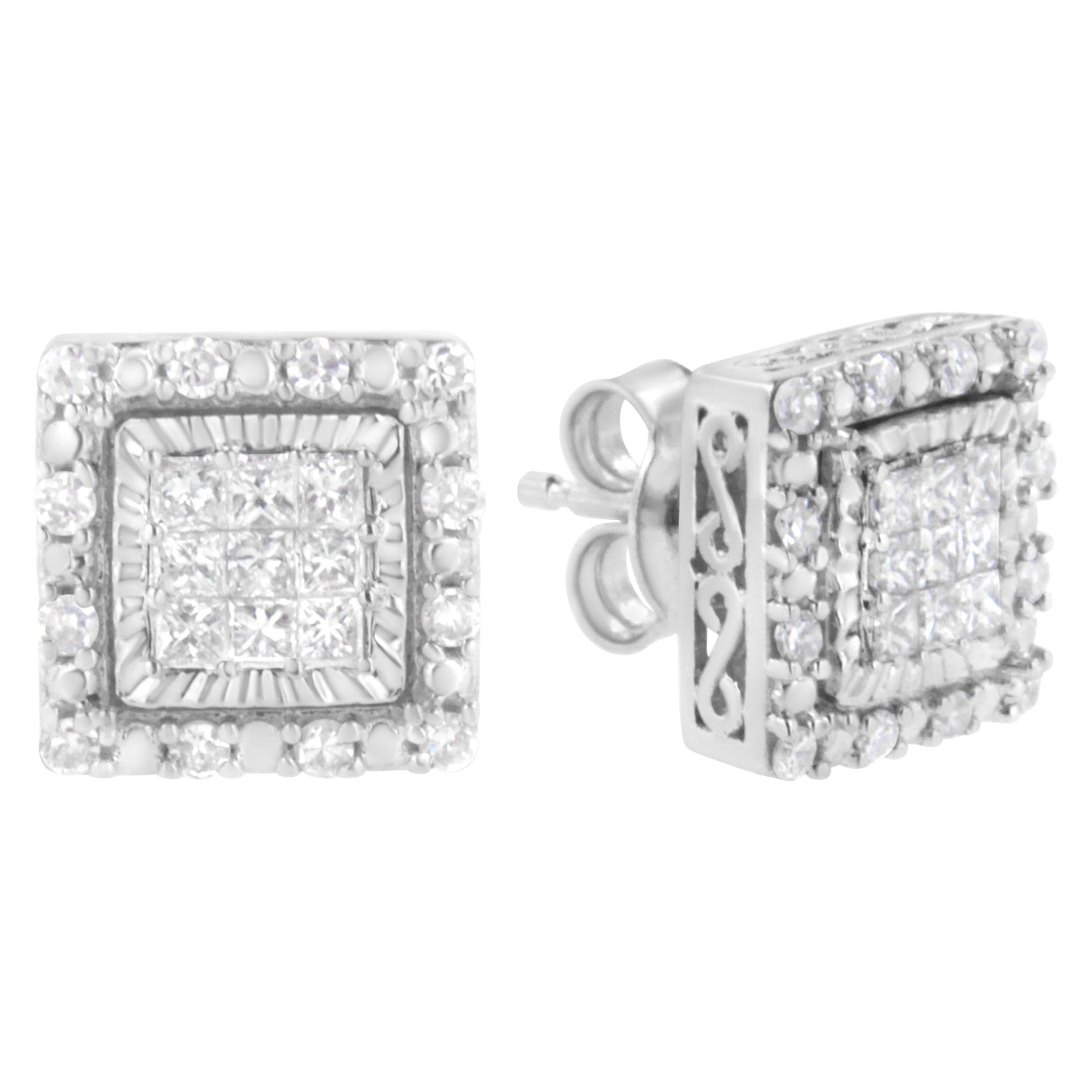 Pair of white metal square earrings with princess shape gemstones in invisible setting center, surrounded by round gemstones in pave setting; shown from front and side angles.
