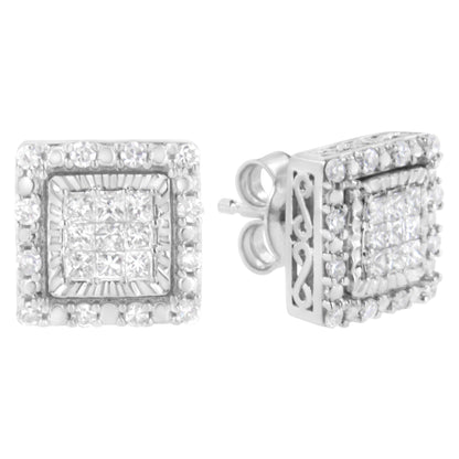 Pair of white metal square earrings with princess shape gemstones in invisible setting center, surrounded by round gemstones in pave setting; shown from front and side angles.