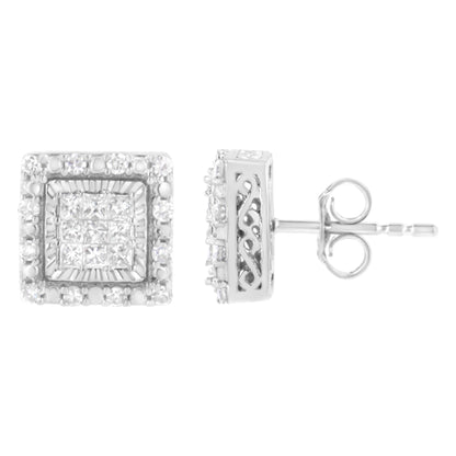 Pair of square white metal stud earrings with cluster of princess cut white gemstones in the center and round white gemstones surrounding the edges, shown from front and side angles.