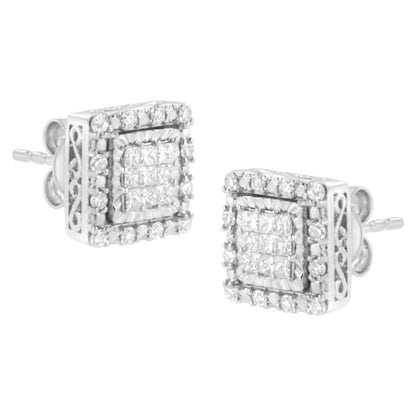 Pair of white metal square stud earrings with princess and round white gemstones, shown from a diagonal front angle.