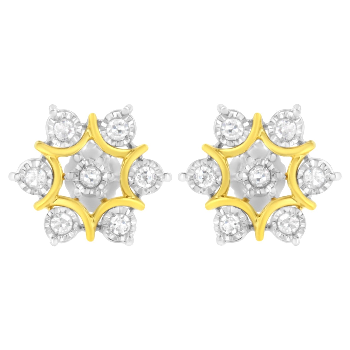 Front-facing view of a pair of yellow metal earrings with a star-shaped design featuring round white gemstones in a miracle setting.