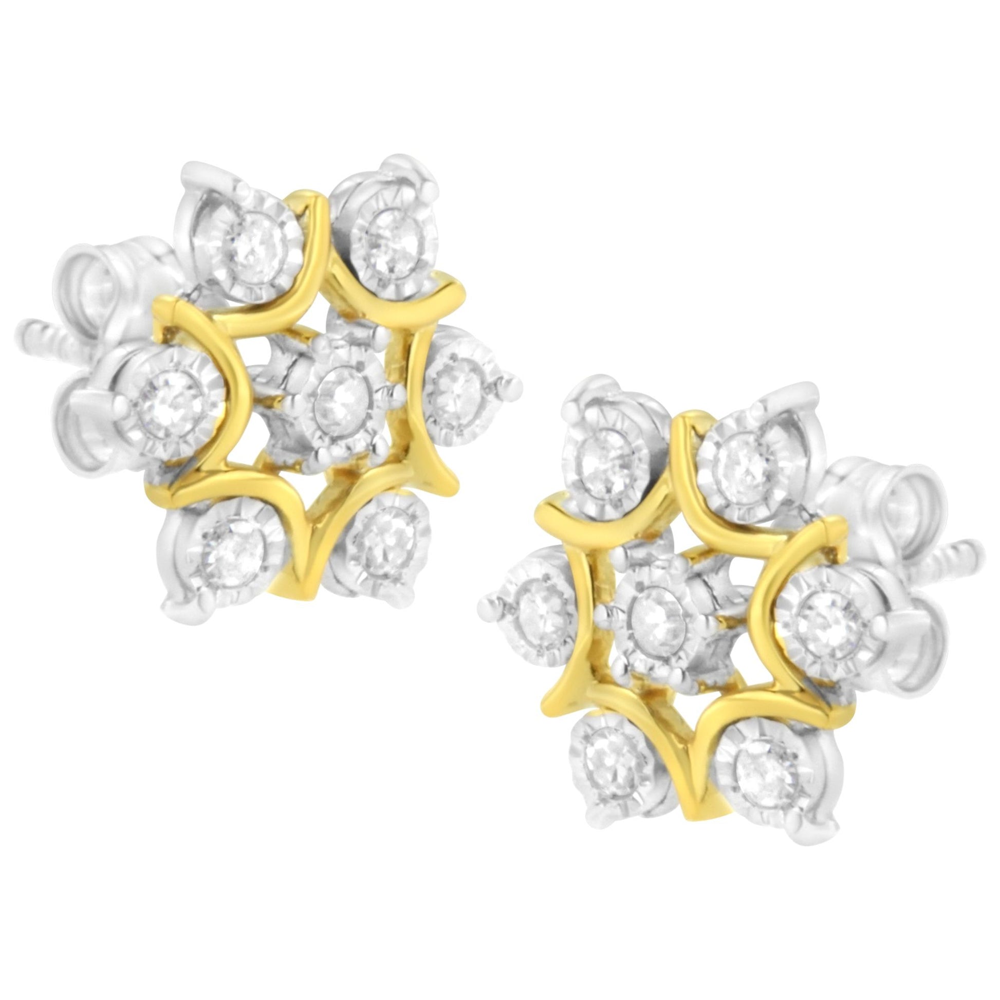 Close-up front angle of yellow metal stud earrings featuring a floral design with round white gemstones in a miracle setting.