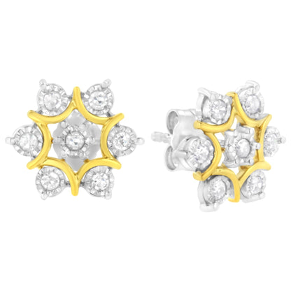 Front and angled side view of yellow and white gemstone earrings with round shaped gemstones set in a star pattern.