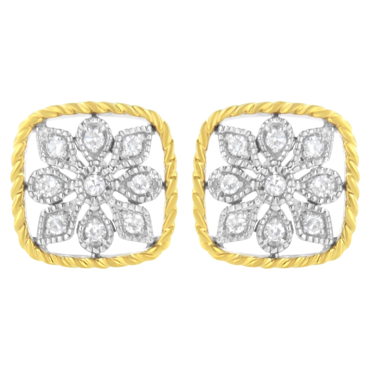 Front view of a pair of yellow metal square earrings with a twisted border, featuring a floral design set with multiple white round gemstones.