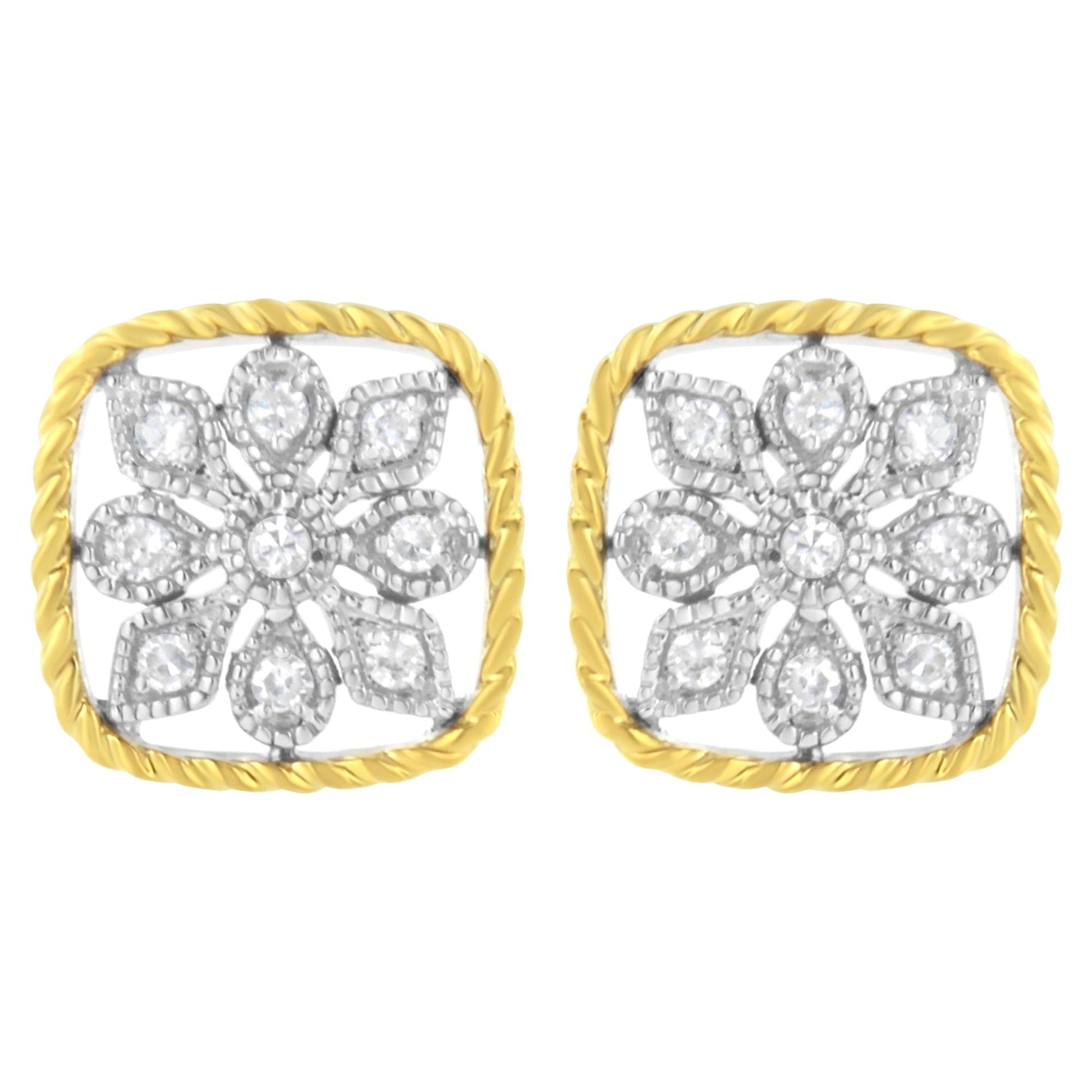 Front view of a pair of yellow metal square earrings with a twisted border, featuring a floral design set with multiple white round gemstones.