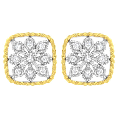 Front view of a pair of yellow metal square earrings with a twisted border, featuring a floral design set with multiple white round gemstones.