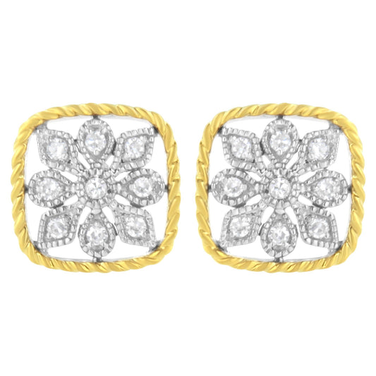 Front view of a pair of yellow metal square earrings with a twisted border, featuring a floral design set with multiple white round gemstones.