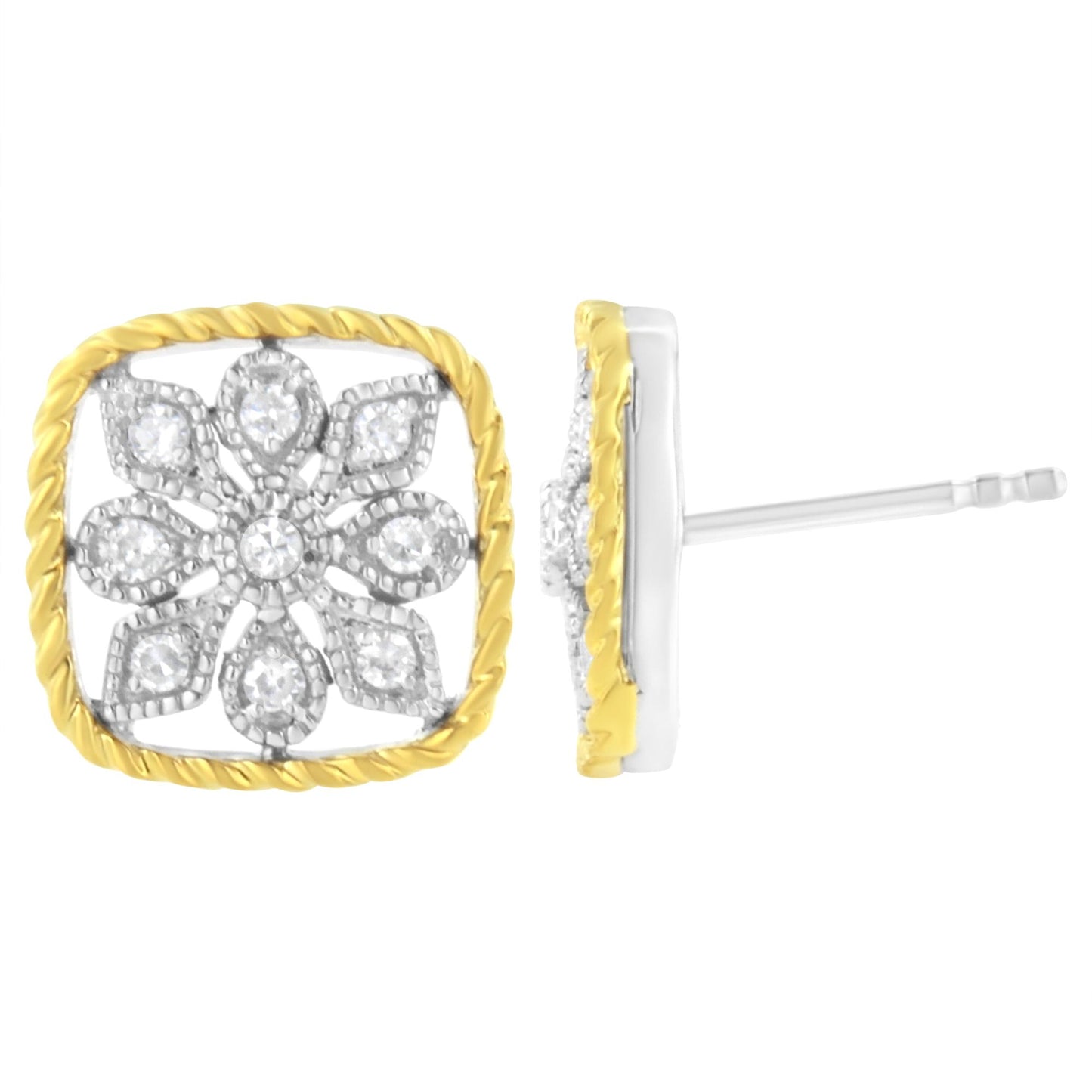 Front and side views of yellow metal square-shaped earrings with a floral design of round white gemstones in prong settings.