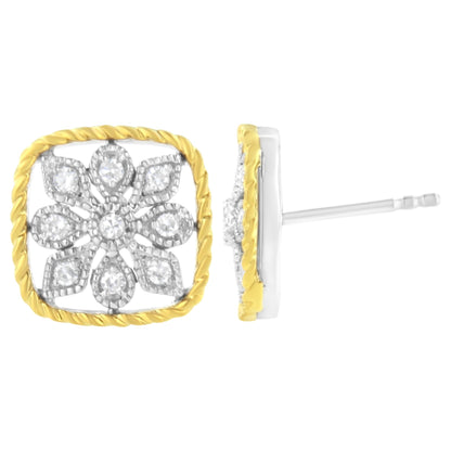 Front and side views of yellow metal square-shaped earrings with a floral design of round white gemstones in prong settings.