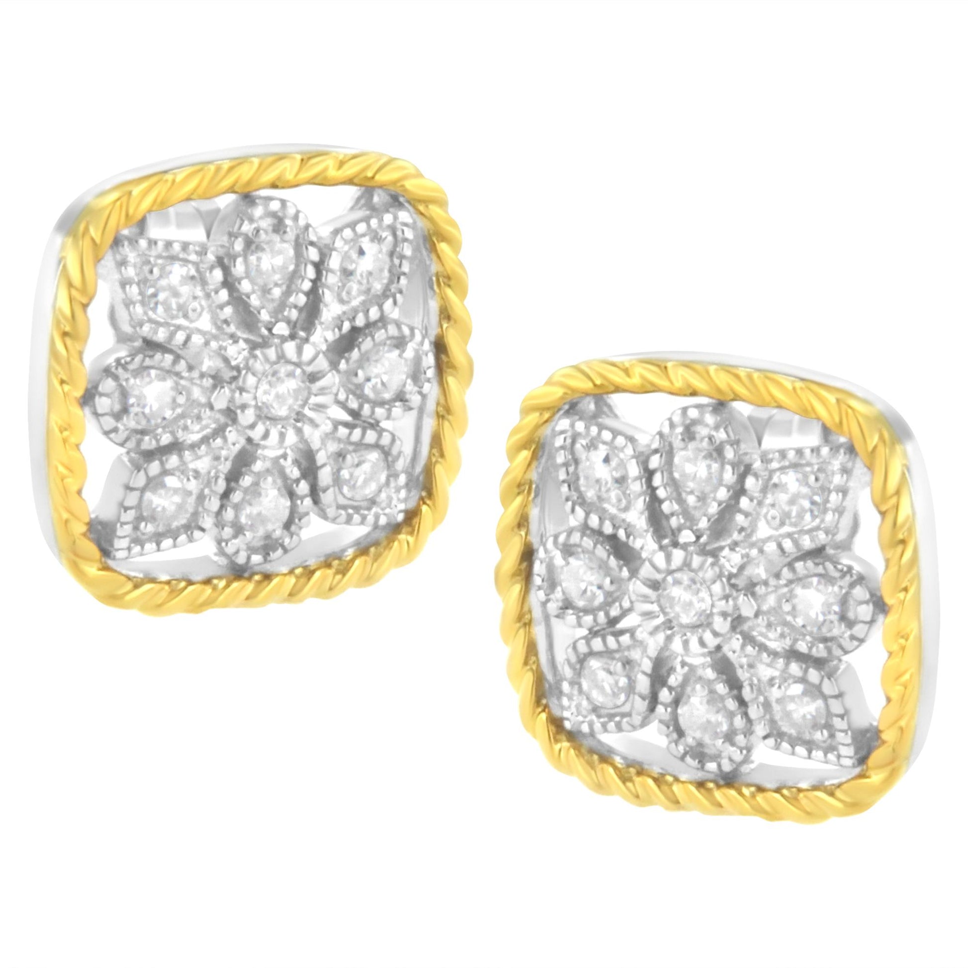 Pair of square-shaped yellow metal earrings with a floral design of white gemstones set in round shapes, shown in a close-up front angle.