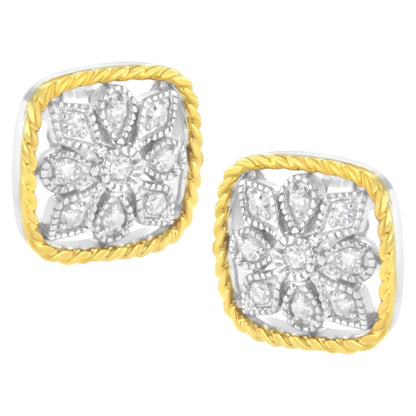 Pair of square-shaped yellow metal earrings with a floral design of white gemstones set in round shapes, shown in a close-up front angle.