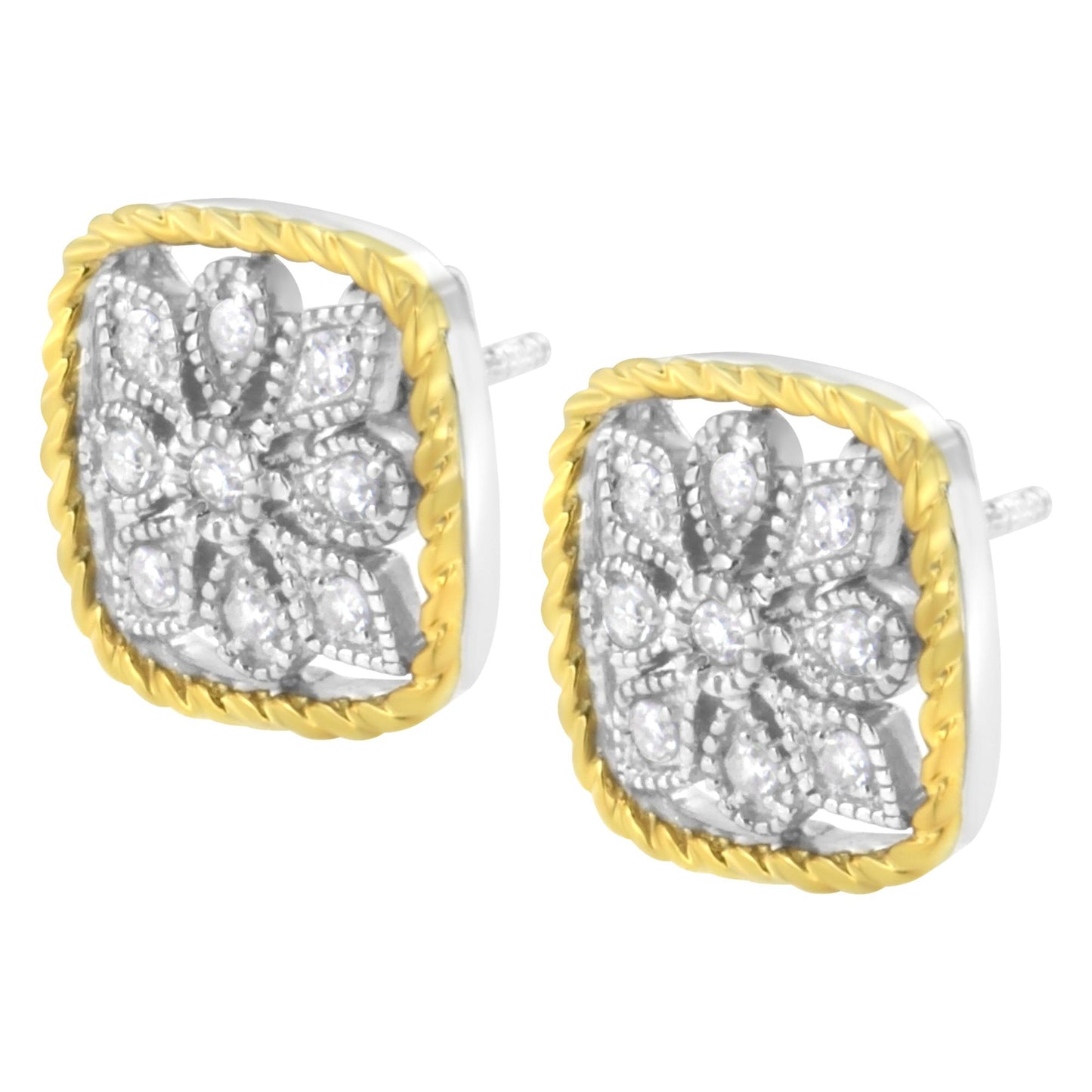 Pair of yellow metal earrings with white gemstones arranged in a floral pattern, shown from a slightly angled front view.