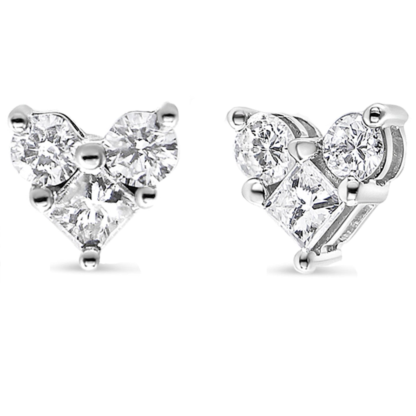 Close-up front and side view of a pair of white metal earrings featuring two princess-shaped and four round-shaped white gemstones in prong settings.