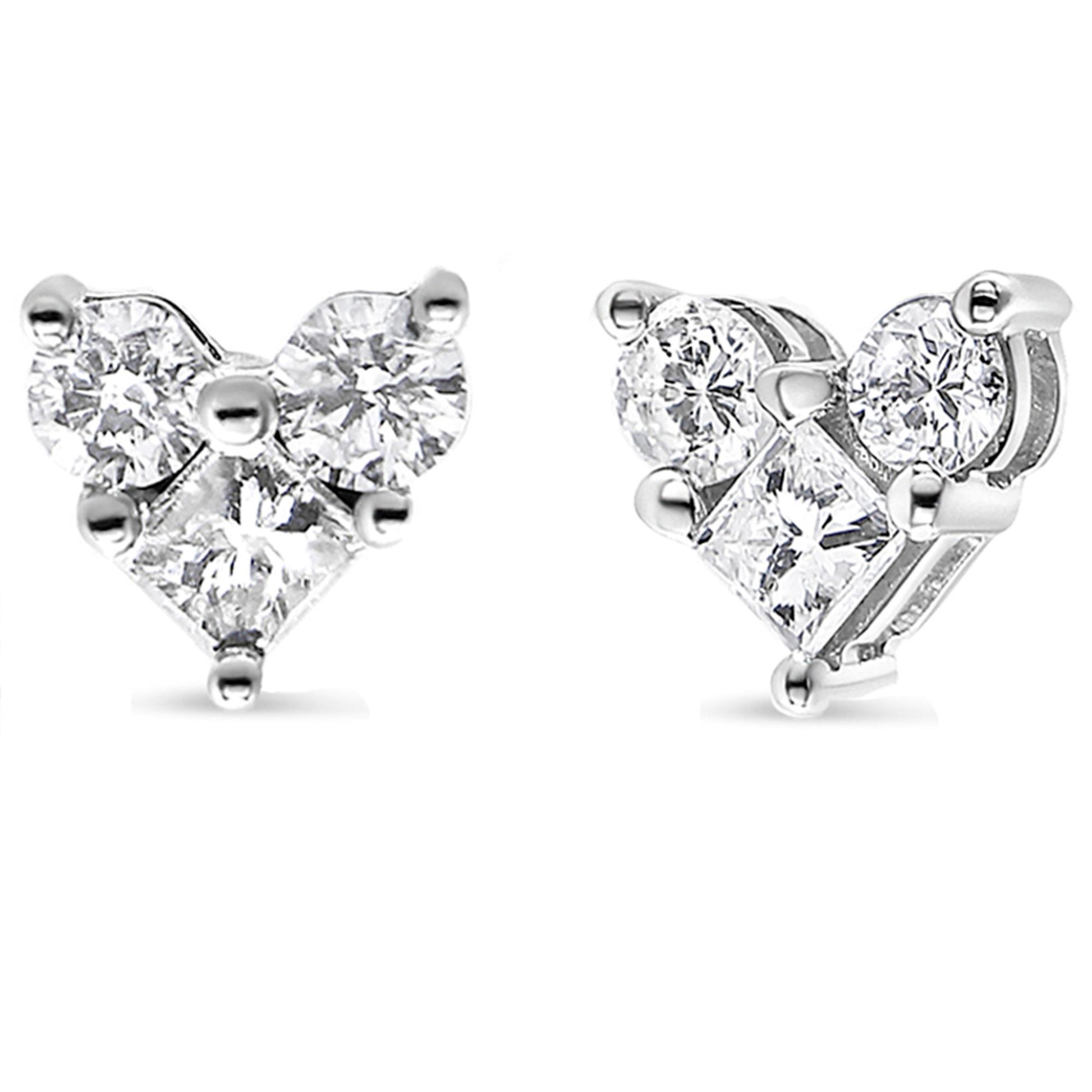 Close-up front and side view of a pair of white metal earrings featuring two princess-shaped and four round-shaped white gemstones in prong settings.