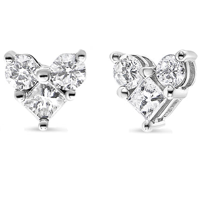 Close-up front and side view of a pair of white metal earrings featuring two princess-shaped and four round-shaped white gemstones in prong settings.
