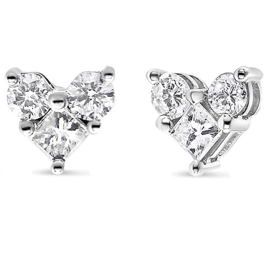 Close-up front and side view of a pair of white metal earrings featuring two princess-shaped and four round-shaped white gemstones in prong settings.