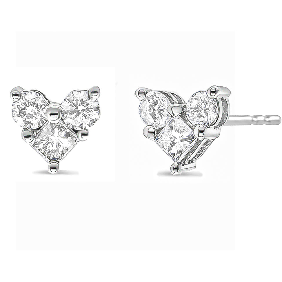 White metal stud earrings with a heart-shaped design, featuring white round and princess shape gemstones in prong settings, shown from front and side angles.