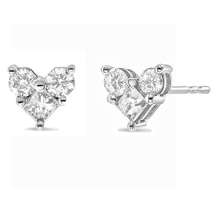 White metal stud earrings with a heart-shaped design, featuring white round and princess shape gemstones in prong settings, shown from front and side angles.