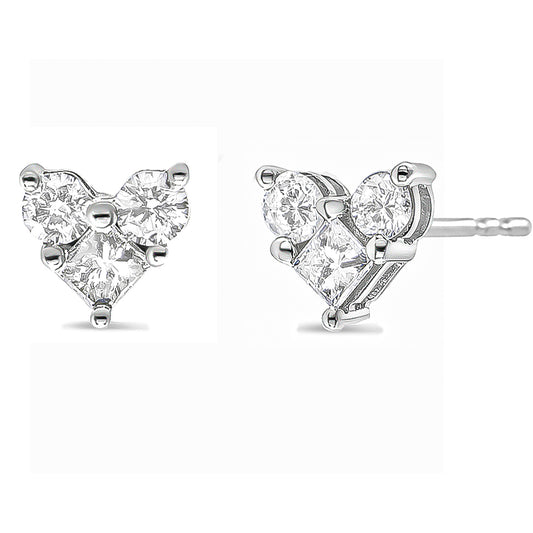 White metal stud earrings with a heart-shaped design, featuring white round and princess shape gemstones in prong settings, shown from front and side angles.