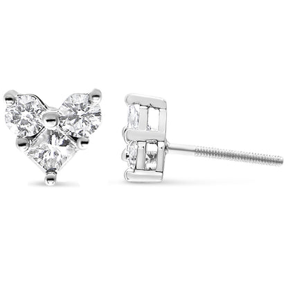 Pair of white metal stud earrings with a cluster of round and princess-shaped white gemstones, shown from front and side angles.